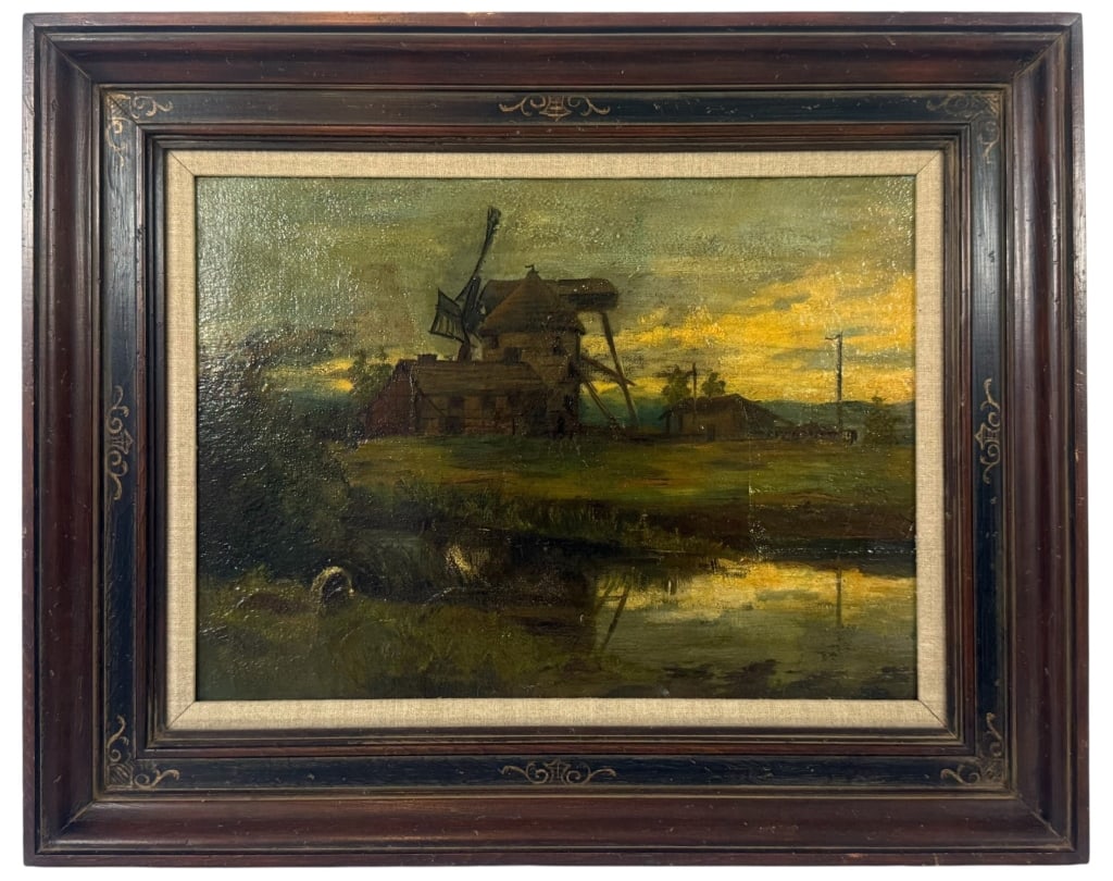 ANTIQUE WINDMILL LANDSCAPE OIL PAINTING ON BOARD (1 of 11)