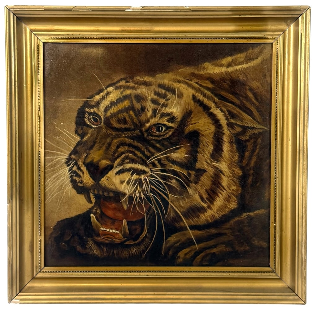 ROARING TIGER PORTRAIT OIL PAINTING ON CANVAS: Mid 20th-century oil painting on canvas depicting a dramatic close-up portrait of a roaring tiger, rendered with striking realism and expressive brushwork. The composition captures the animal's intens