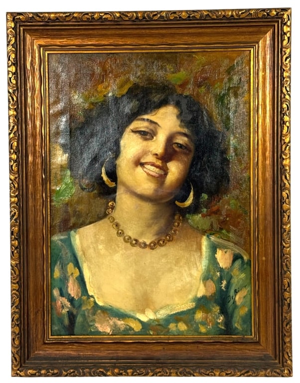 SMILING GYPSY WOMAN OIL PAINTING SINGED RIVERA: Oil painting on canvas portrait depicting a smiling young Romani (Gypsy) woman adorned with gold hoop earrings and a beaded necklace, rendered in warm, expressive brushwork. Hand signed to lower right