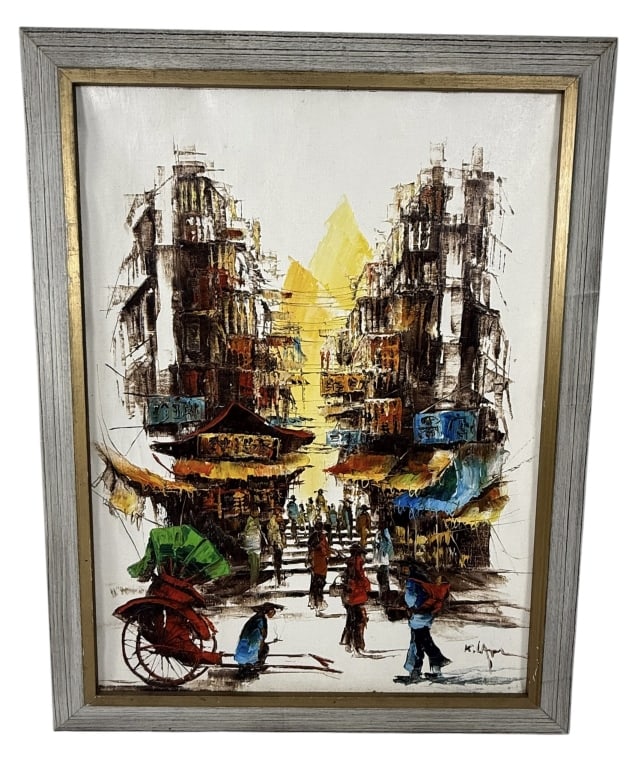 MODERN ASIAN STREET SCENE OIL PAINTING SIGNED: Mid-century modern oil on canvas depicting a bustling Asian urban street scene with figures, market stalls, colorful awnings and a prominent rickshaw in the foreground. Tall buildings line the narrow 
