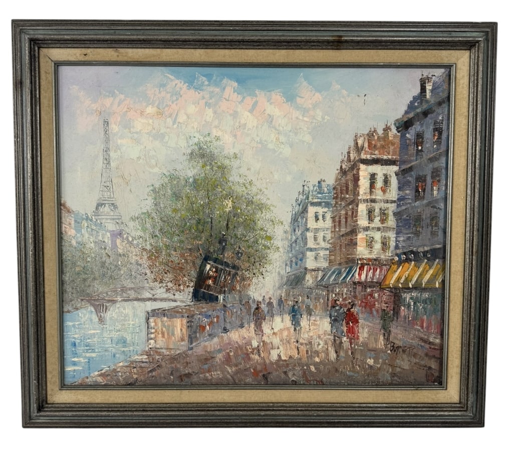 PARIS STREET SCENE WITH EIFFEL TOWER OIL PAINTING: Decorative mid-century style oil painting depicting a lively Parisian boulevard with the Eiffel Tower rising in the distance. The composition features pedestrians strolling along a tree-lined street b