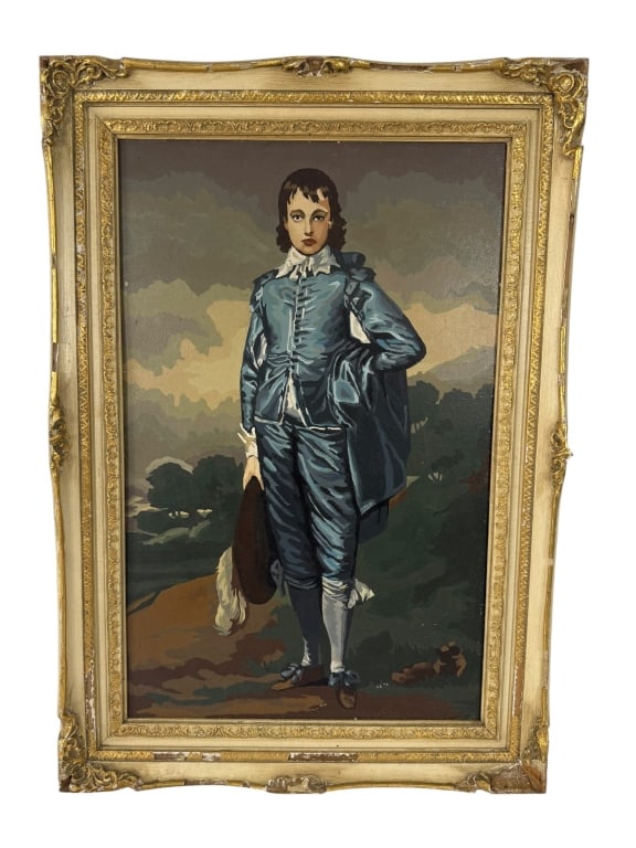 OIL ON CANVAS AFTER GAINSBOROUGH "THE BLUE BOY": Vintage hand-painted oil on canvas after Thomas Gainsborough's celebrated circa 1770 portrait The Blue Boy. Depicts a full-length portrait of a young gentleman standing in a landscape, dressed in an e