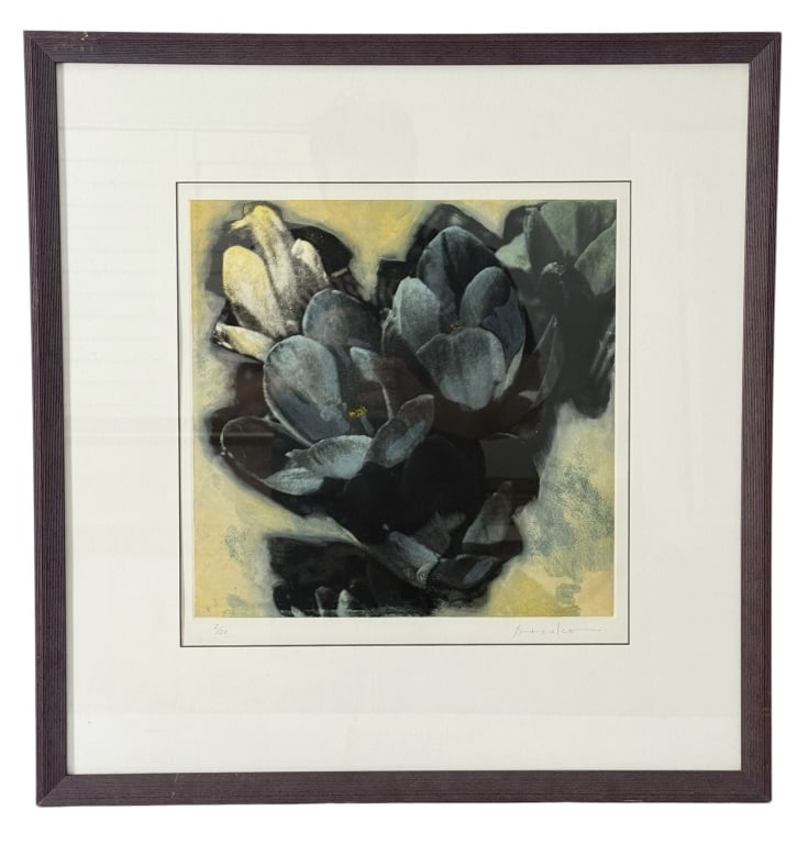 SIGNED ABSTRACT BOTANICAL LIMITED EDITION PRINT 20: Contemporary abstract botanical composition depicting overlapping floral and leaf-like forms rendered in atmospheric shades of blue-gray, charcoal, black and brown against a warm yellow and cream grou