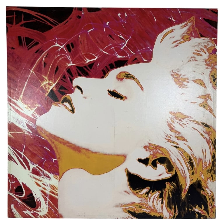 MADONNA SIDE PROFILE GICLÉE ON CANVAS 20/950: Large-format pop-art style portrait titled “Madonna Side Profile,” depicting Madonna in profile rendered in a vivid red, magenta, yellow, black and white palette. Giclée printed on gallery-wr