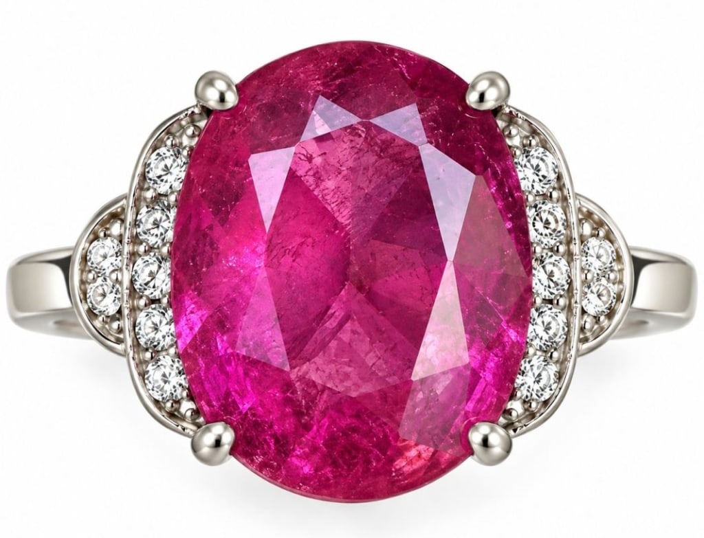 14K WHITE GOLD 3.76CT RUBELLITE DIAMOND RING 5.2G (1 of 5)