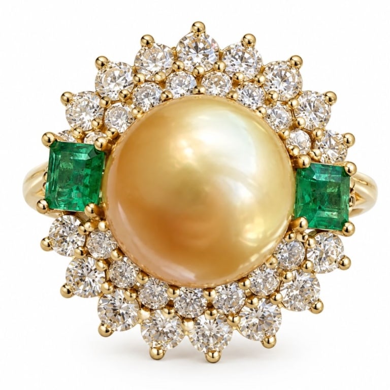 OSCAR FRIEDMAN 18K SOUTH SEA PEARL DIAMOND RING 8G: Oscar Friedman 18 karat yellow gold ring featuring a 12 mm golden South Sea cultured pearl accented by two square-cut emeralds totaling approximately 0.70 carats and thirty round brilliant-cut diamond