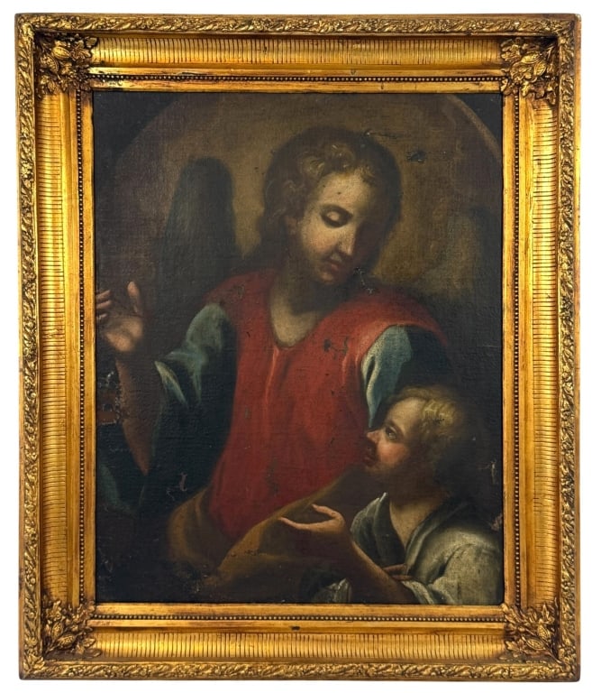 YOUNG TOBIAS & ARCHANGEL RAPHAEL OIL PAINTING: Old Master style European school oil painting on canvas depicting the biblical scene of Young Tobias and the Archangel Raphael, the protective angel shown guiding Tobias on his journey as recounted in