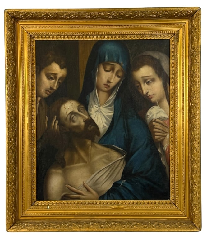 AFTER LUIS DE MORALES PIETA OIL PAINTING ON CANVAS: Old Master-style oil painting on canvas depicting the Pieta (Lamentation of Christ), after the celebrated Spanish Renaissance painter Luis de Morales (Spain, 1510 - 1586). The intimate devotional comp
