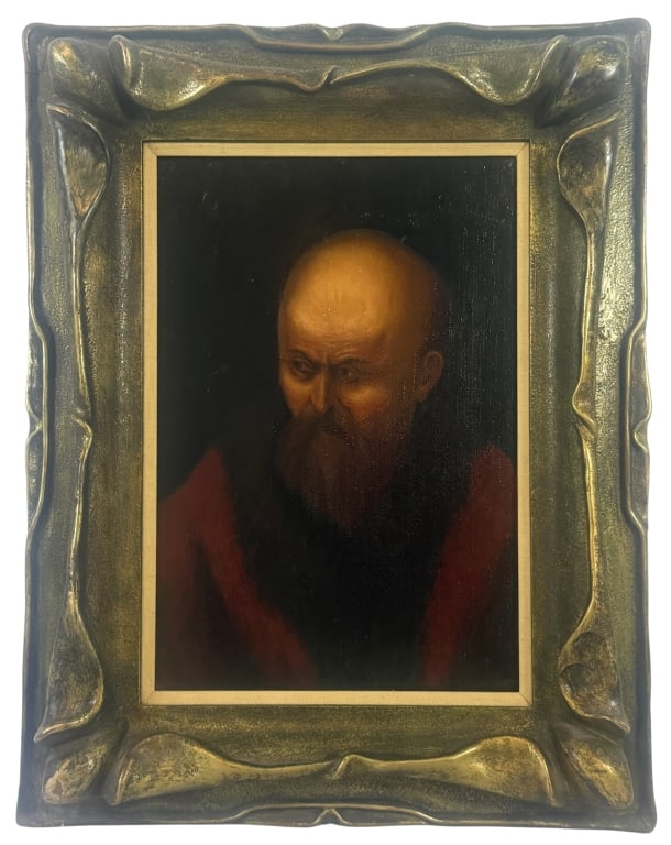 EUROPEAN SCHOOL BEARDED ELDER OIL PAINTING: Old Master-style oil painting on panel depicting a portrait of an elderly bearded man. Executed with dramatic lighting against a dark background, the composition recalls traditional portrayals of sain