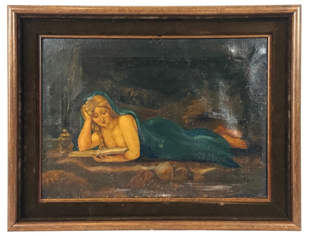 MARY MAGDALENE READING OIL PAINTING AFTER CORREGIO: Turn of the century Italian school oil painting on canvas depicting a semi-nude Mary Magdalene reclining beside a stream while reading from an open book, after the celebrated Renaissance composition b
