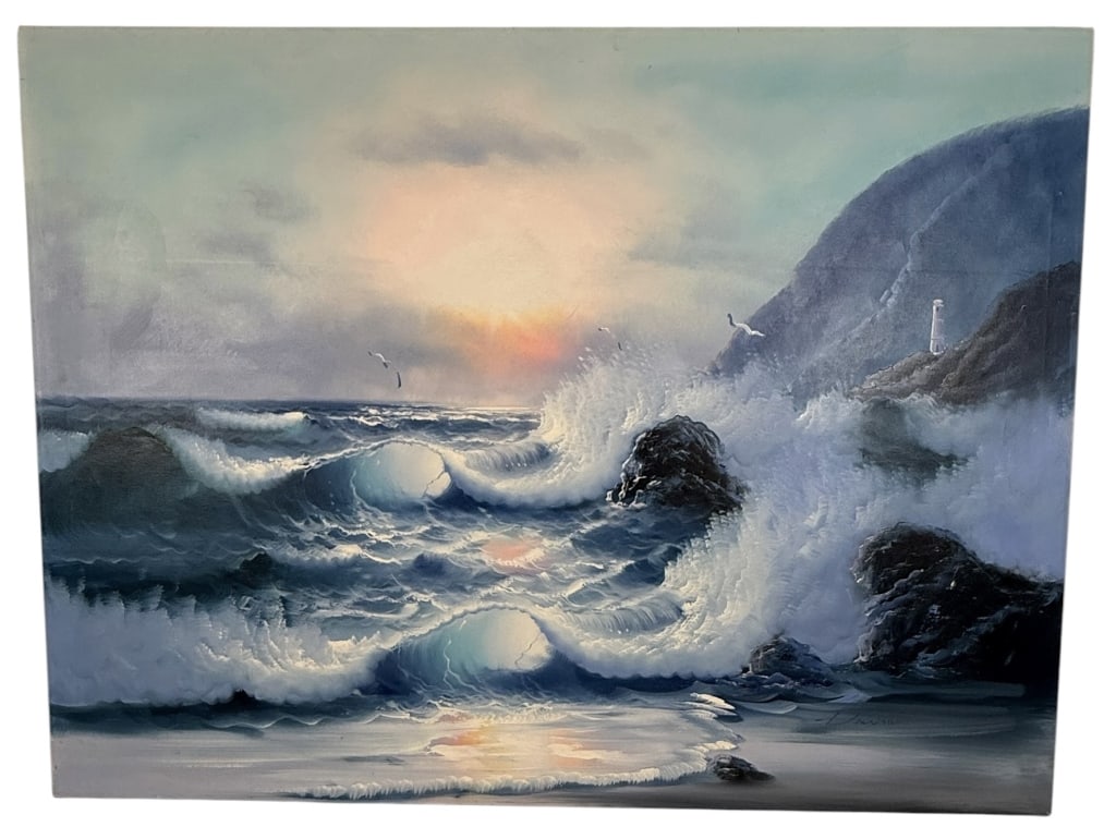 SEASCAPE OIL PAINTING ON CANVAS SIGNED DAWSON: This mid-to-late 20th-century oil painting on canvas depicts a coastal seascape at sunset. The composition features waves crashing against a rocky shoreline with a small white lighthouse situated on a