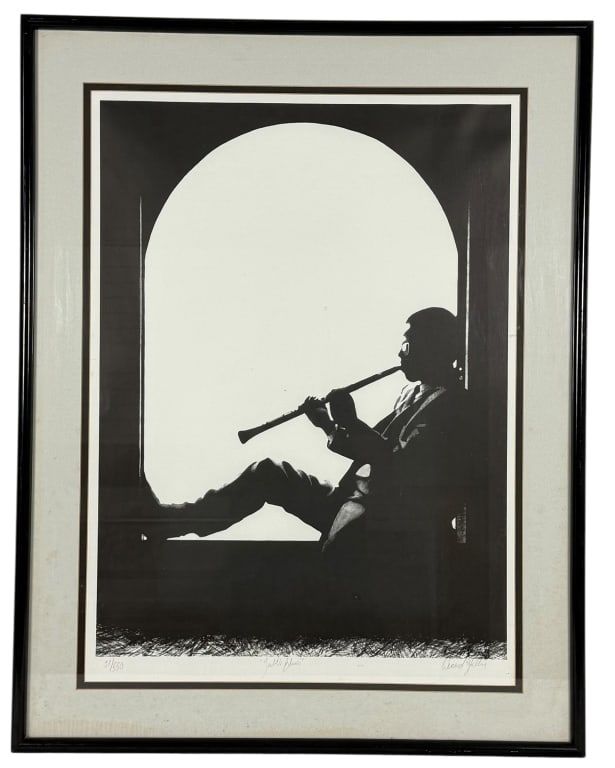 DENARD STALLING "LITTLE BLUES" SIGNED PRINT 51/550: Denard Stalling, Little Blues, limited-edition print depicting a seated musician playing a wind instrument, silhouetted against a large illuminated architectural arch. The dramatic composition is rend