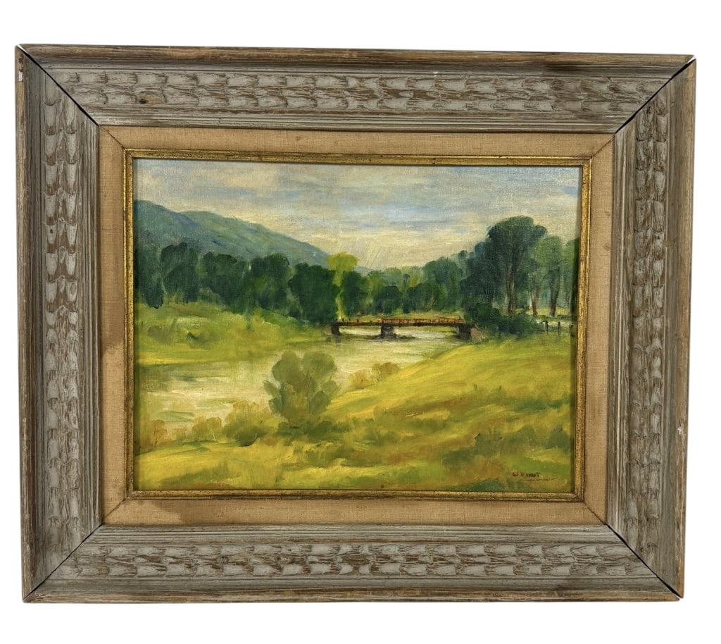 SIGNED AMERICAN LANDSCAPE OIL PAINTING RIVER/BRIDG: American landscape painting depicting a tranquil river or stream winding through a verdant rural landscape, with a low bridge, wooded banks and distant hills beneath a softly rendered sky. Oil on canv