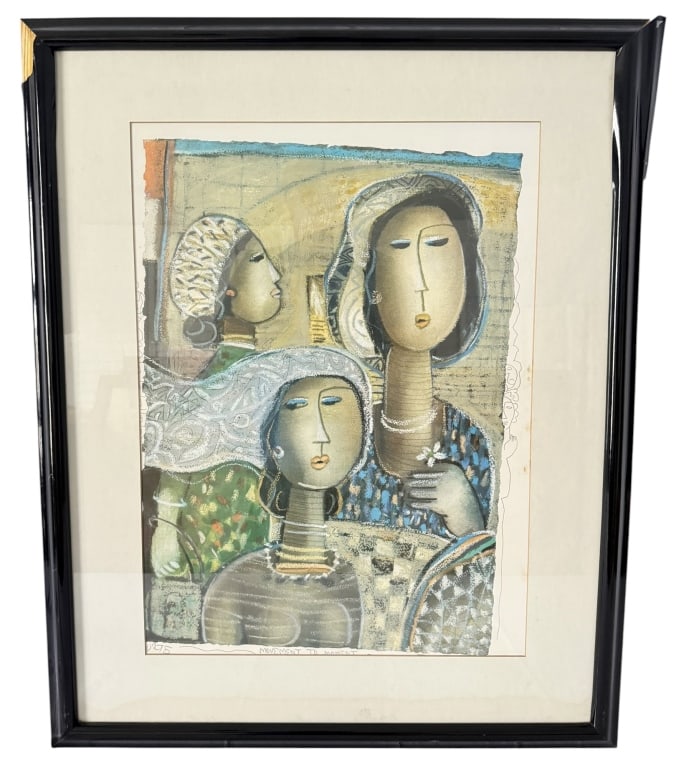 LONG LOOI LEE “MOVEMENT TO MOMENT” LITHOGRAPH: Long Looi Lee (Malaysian/American), Movement to Moment, hand-embellished limited-edition lithograph on paper depicting a stylized group of female figures rendered in the artist's distinctive modernist