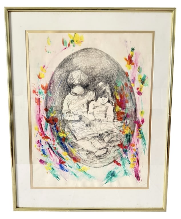 MIXED MEDIA ON PAPER, CHILDREN READING SIGNED (1 of 7)