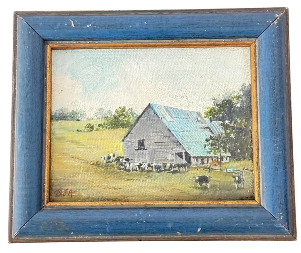 SIGNED MINIATURE RURAL BARN LANDSCAPE OIL PAINTING: Miniature pastoral landscape painting depicting cattle gathered near a rustic barn beneath a dramatic sky. Executed with textured brushwork and areas of pronounced impasto. Apparently signed or monogr