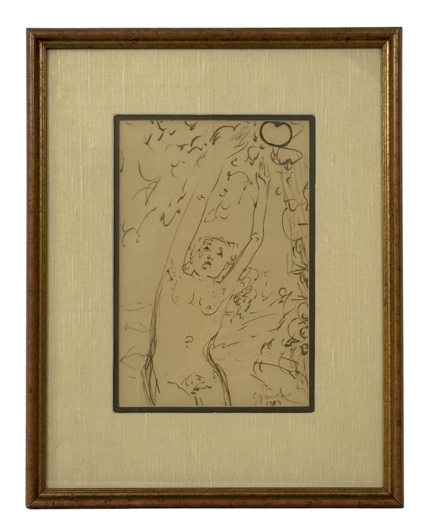 RECLINING NUDE PEN/INK DRAWING SIGNED LYMANDRE: This original work on paper is a pen and ink drawing depicting a reclining female nude figure among gestural depictions of foliage or landscape. The composition is rendered in a minimalist, expressive