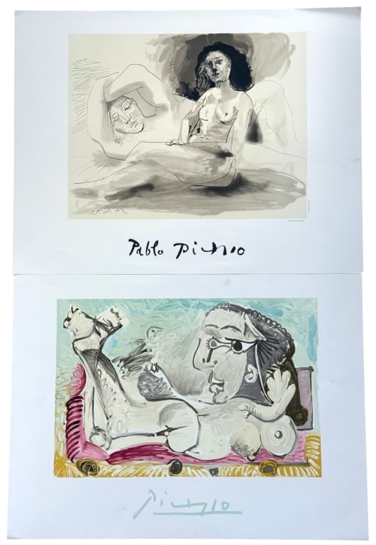 AFTER PABLO PICASSO MARINA PICASSO LITHOGRAPHS 2PC LOT: After Pablo Picasso (Spanish, 1881 - 1973), lot of two estate-authorized offset lithographs on heavy paper of works by the artist. Includes a monochromatic composition depicting two female nudes and a