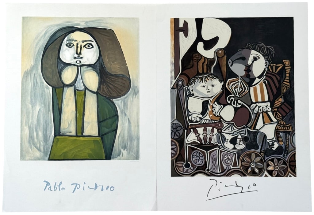 AFTER PABLO PICASSO MARINA PICASSO LITHOGRAPHS 2PC LOT: After Pablo Picasso (Spanish, 1881 - 1973), lot of two estate-authorized offset lithographs on paper of mid-20th century paintings by the artist. Includes Claude et Paloma, also known as Deux Enfants 