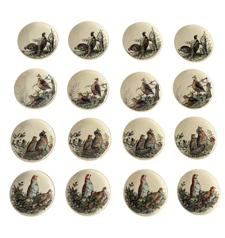 16 JOHNSON BROTHERS ENGLAND GAME BIRD MINI PLATES: Set of sixteen vintage Johnson Brothers English miniature ceramic plates or dishes, each measuring approximately 4 x 4 inches. The group features four different detailed game-bird scenes, including ph