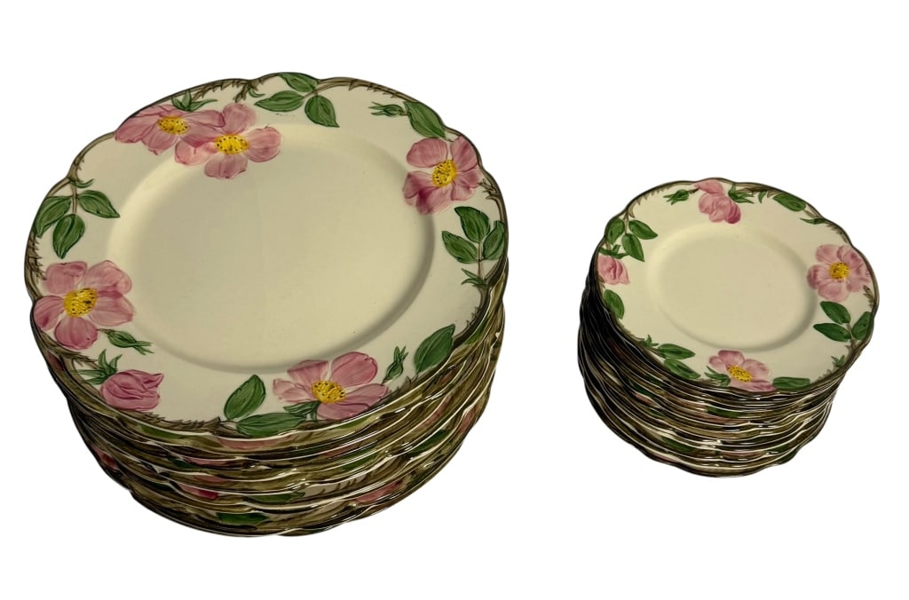 FRANCISCAN PINK ROSE DINNERWARE 24 PLATES: Vintage American Franciscan Earthenware dinnerware group featuring a hand-decorated style floral pattern with pink wild roses, yellow centers, and green foliage against a warm cream-colored ground. Ea