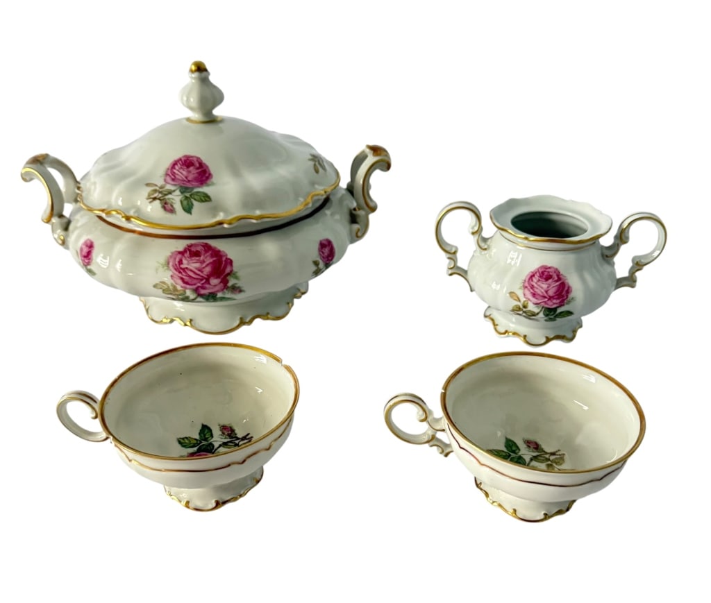 4 PIECE HUTSCHENREUTHER PORCELAIN TEA SET: Vintage Hutschenreuther Hohenberg, Bavaria, Germany porcelain four-piece tea serving grouping decorated with naturalistic pink rose blossoms and green foliage against a white porcelain ground. Each pi