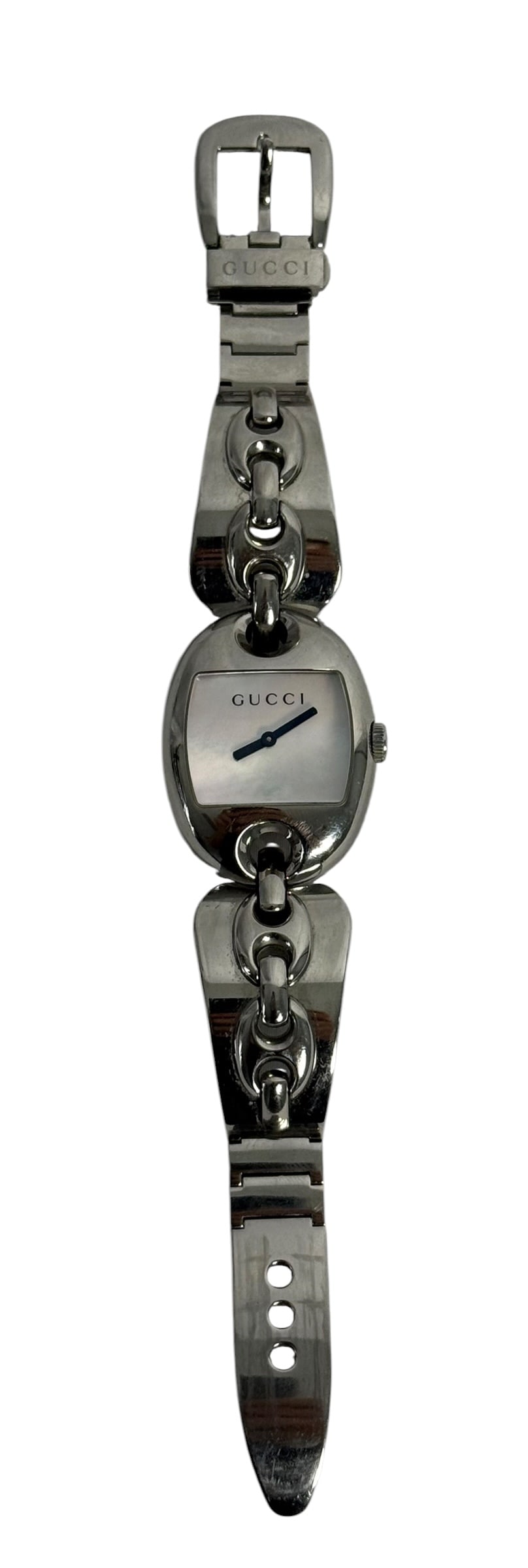 GUCCI LADIES STAINLESS STEEL BRACELET WATCH: Gucci ladies’ stainless-steel wristwatch, reference 121.3, featuring a distinctive polished articulated bracelet design with oversized sculptural links. The oval-form polished case surrounds a recta