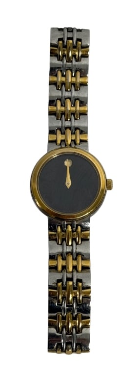 MOVADO LADIES TWO-TONE STAINLESS STEEL WATCH: Movado two-tone stainless-steel quartz wristwatch featuring the brand's iconic minimalist Museum-style black dial, accented by a single gold-tone dot at 12 o'clock and coordinating gold-tone hands. Th