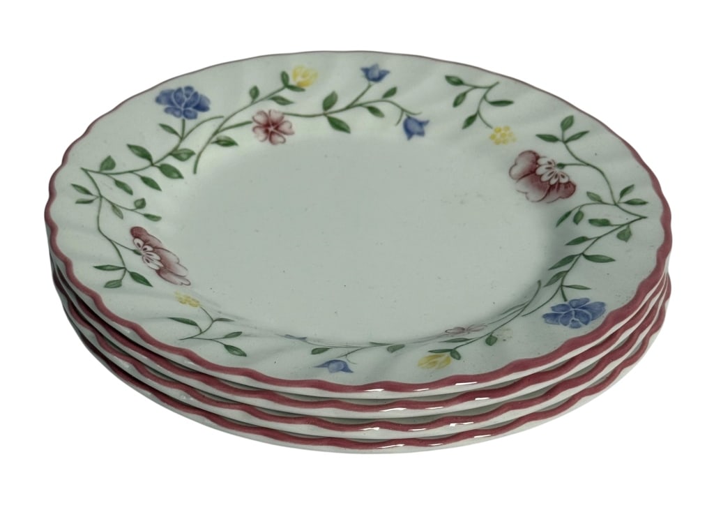 4 JOHNSON BROTHERS SUMMER CHINTZ FLORAL 6" PLATES: Set of four Johnson Brothers “Summer Chintz” ceramic plates, designed by Julie Holland and made in England. Each plate features a softly scalloped rim outlined in rose pink and a delicate flor