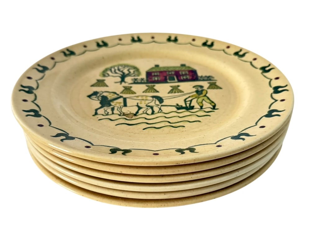 6 METLOX HOMESTEAD FARM SCENE DINNER PLATES: Set of six vintage Poppytrail by Metlox ceramic dinner plates in the Homestead Provincial pattern. Each plate features a warm cream-to-tan speckled glaze decorated with a colorful stylized rural scene