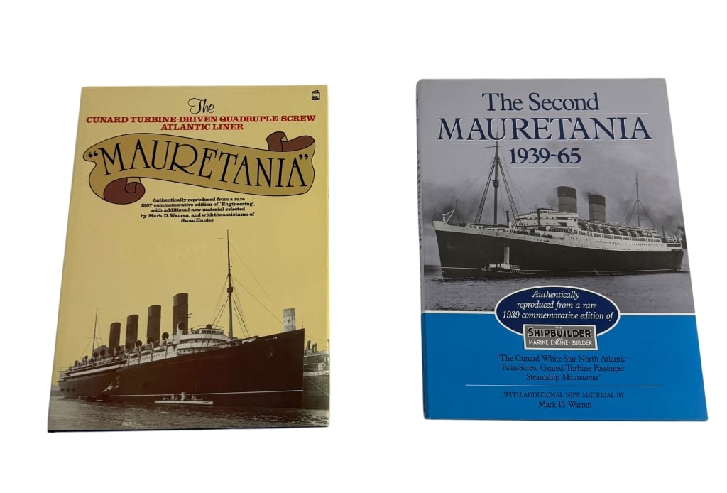 TWO CUNARD RMS MAURETANIA MARITIME HISTORY BOOKS: Pair of collectible hardcover maritime reference books devoted to Cunard’s celebrated RMS Mauretania ocean liners, published by Patrick Stephens Limited. Includes The Cunard Turbine-Driven Quadruple