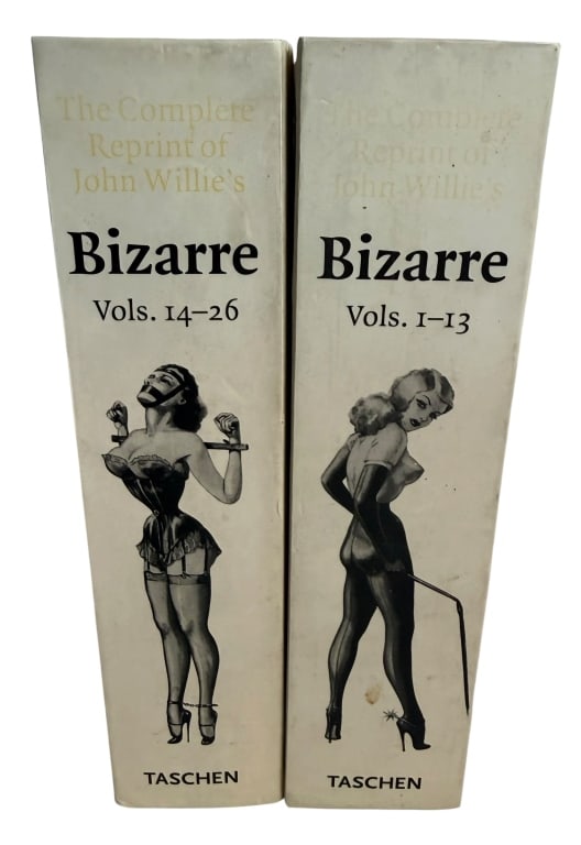 JOHN WILLIE'S BIZARRE REPRINT VOLUMES: 1-26 2 BOOKS: Complete two-volume hardcover set of The Complete Reprint of John Willie's Bizarre, edited by Eric Kroll and published by Taschen in 1995. Together, the books reproduce Volumes 1–26 of John