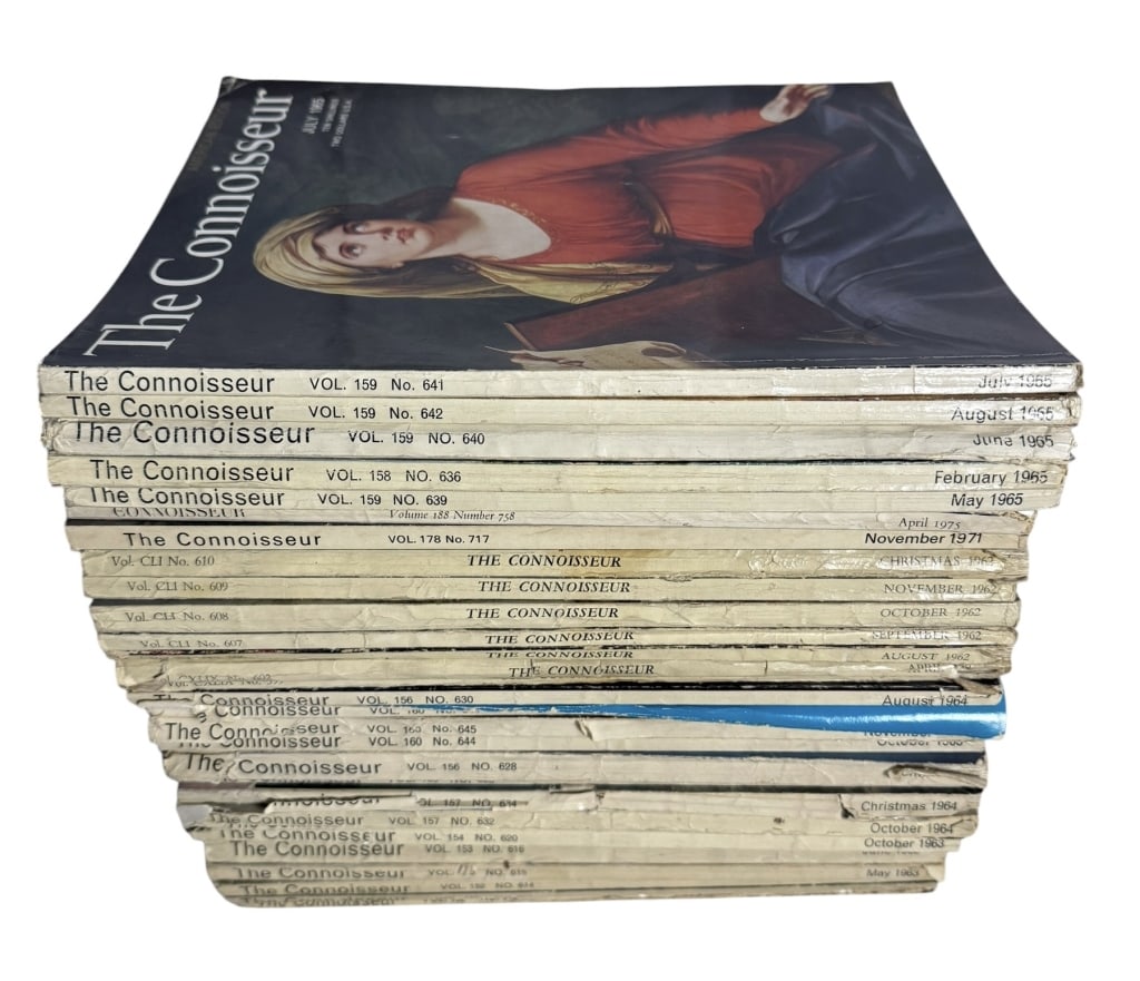 30 VINTAGE CONNOISSEUR ART & ANTIQUES MAGAZINES: Collection of 30 vintage issues of The Connoisseur, the long-running British fine art, antiques and decorative arts magazine. The collection is primarily from the 1960s, with issues visible from 1962 