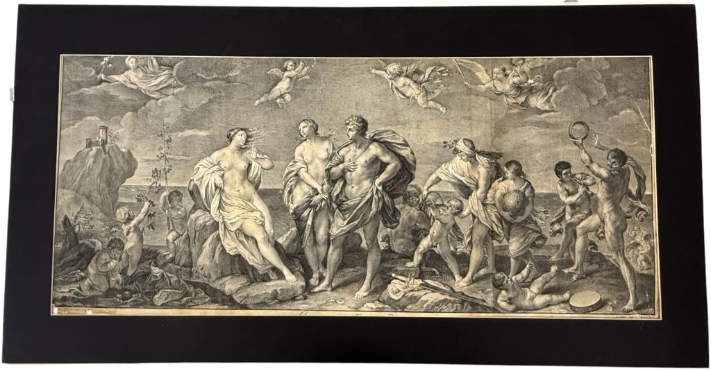 BACCHUS & ARIADNE FREIJ ENGRAVING AFTER GUIDO RENI: Italian engraving on laid paper by Johan Jakob Freij (Jacobus Freij de Lucucia, active late 17th-early 18th century) after the celebrated composition by Guido Reni (1575 - 1642) depicting The Marriage