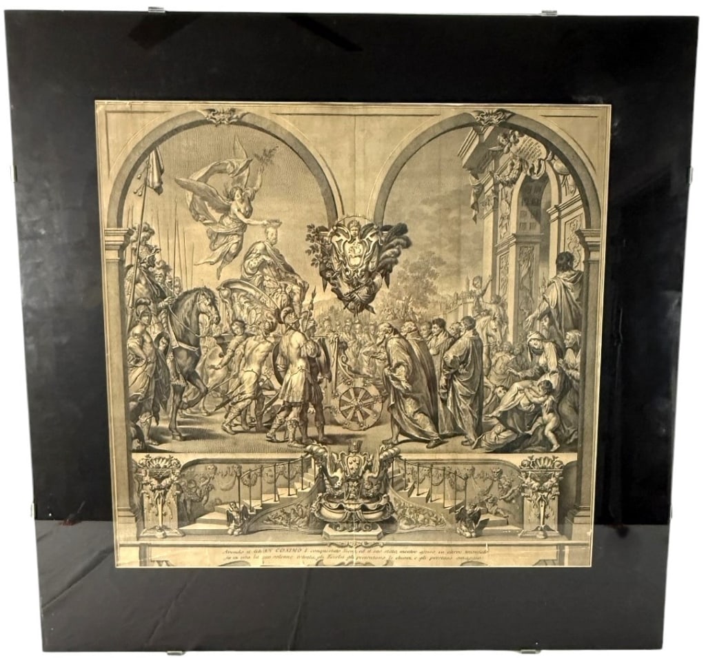 PHILIPP ANDREAS KILIAN COSIMO MEDICI ENGRAVING: Italian engraving on laid paper depicting the triumphal entry of Cosimo I de' Medici, Grand Duke of Tuscany, with an elaborate procession of mounted figures, attendants, allegorical figures, and archi