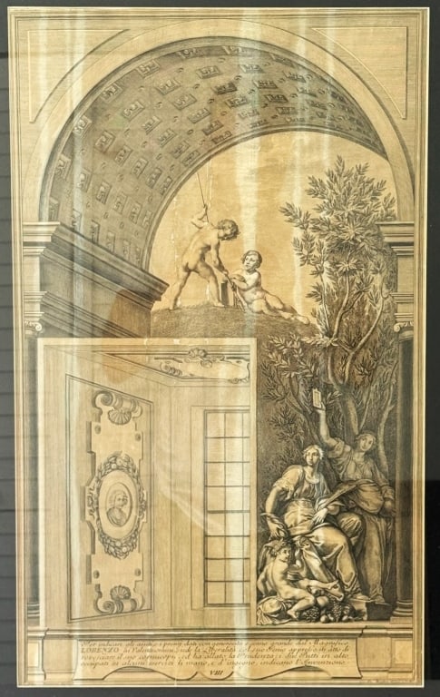 LORENZO THE MAGNIFICENT ENGRAVING AFTER GIOVANNI: Italian engraving on laid paper depicting "Lorenzo the Magnificent Receives Virtue," designed by Raffaello (Raffaele) Morghen (1758 - 1833) after the celebrated Florentine Baroque painter Giovanni da