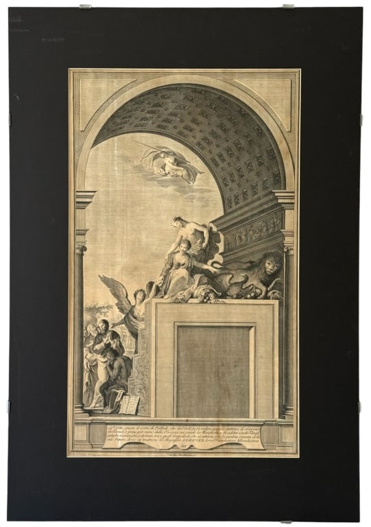 LORENZO THE MAGNIFICENT ENGRAVING AFTER GIOVANNI: Italian engraving on laid paper by Giovanni Elia Morghen (1766 - 1793) a design by the Florentine painter Ottaviano Vannini (1585 - 1643). This allegorical composition, numbered Plate VIII, is from
