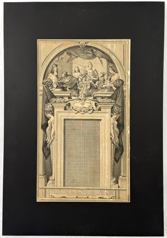 MEDICI & HER CHILDREN ENGRAVING AFTER GIAMPICCOLI: Italian engraving on laid paper by Giuliano Giampiccoli (c. 1702 - 1790) depicting Maria de' Medici, Queen of France and Navarre, enthroned with her children in an elaborate Baroque architectural