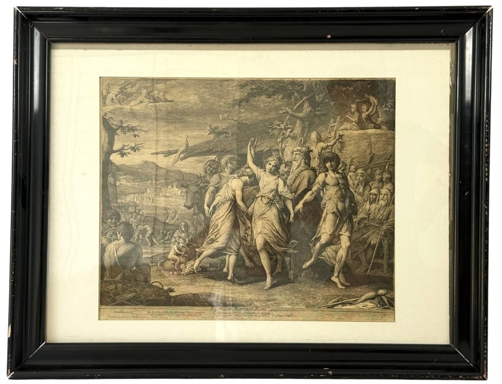 JAMES BARRY "A GRECIAN HARVEST-HOME" ENGRAVING: Irish engraving on laid paper after the celebrated composition by Irish history painter James Barry, depicting an idealized classical harvest festival honoring the agricultural deities Ceres, Bacchus,