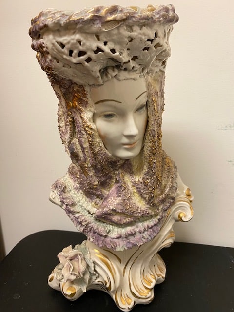 Head of a Lady by "Cybis": M.B.Cybis Rare early piece Head of a Lady dated 1945 with number 201 Some chips 15,5H x 9”WProvenance: New Milford,CT