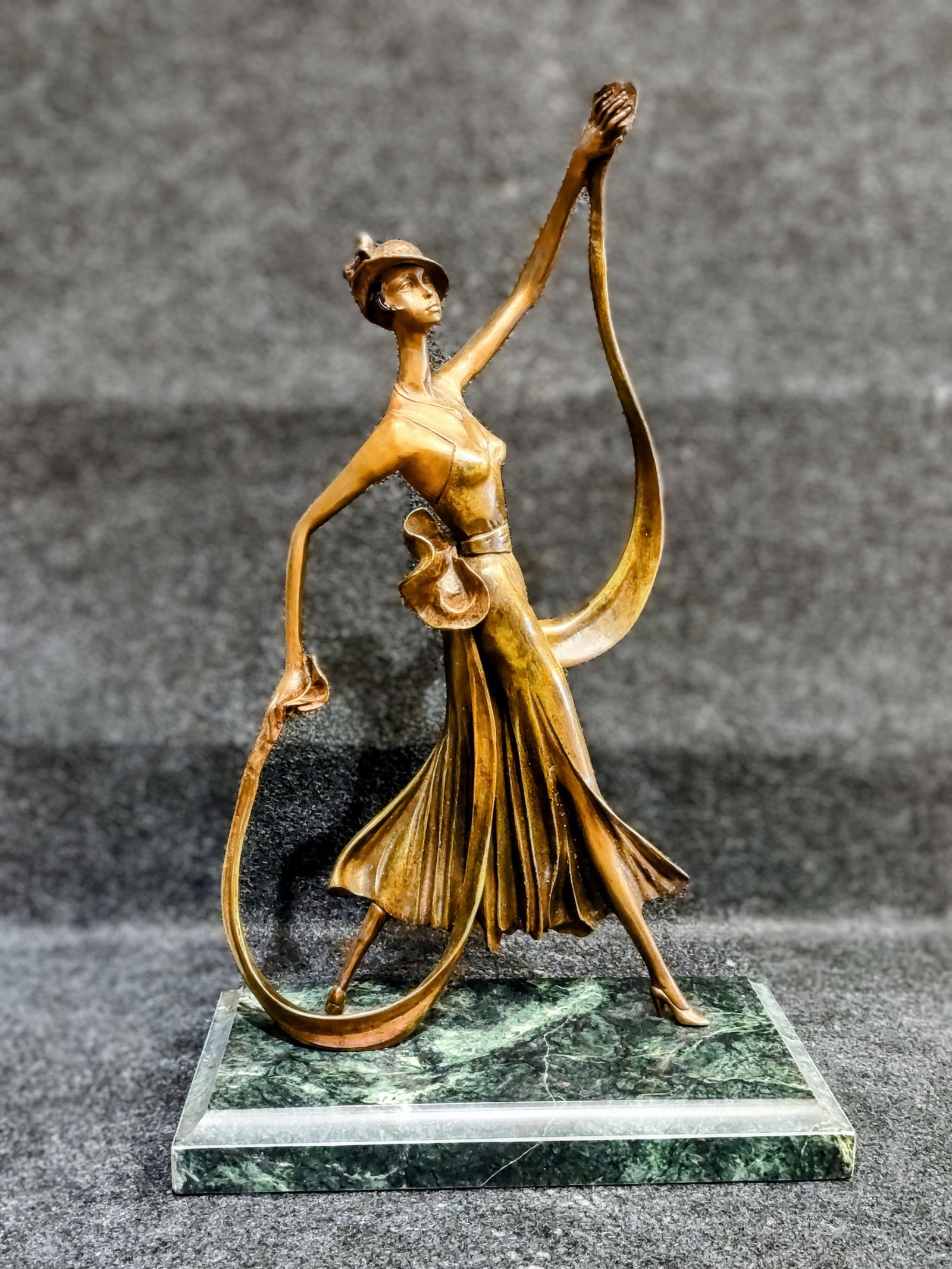 Bronze Statue" Summer Stroll": After Demetre Chiparus "Lady with Bow" Art Deco Bronze Sculpture 18"in height standing on a beveled Italian marble, free of chip or cracks. Marble size 6"x12"x 1.5" Thick. Very Heavy and beautifulProv