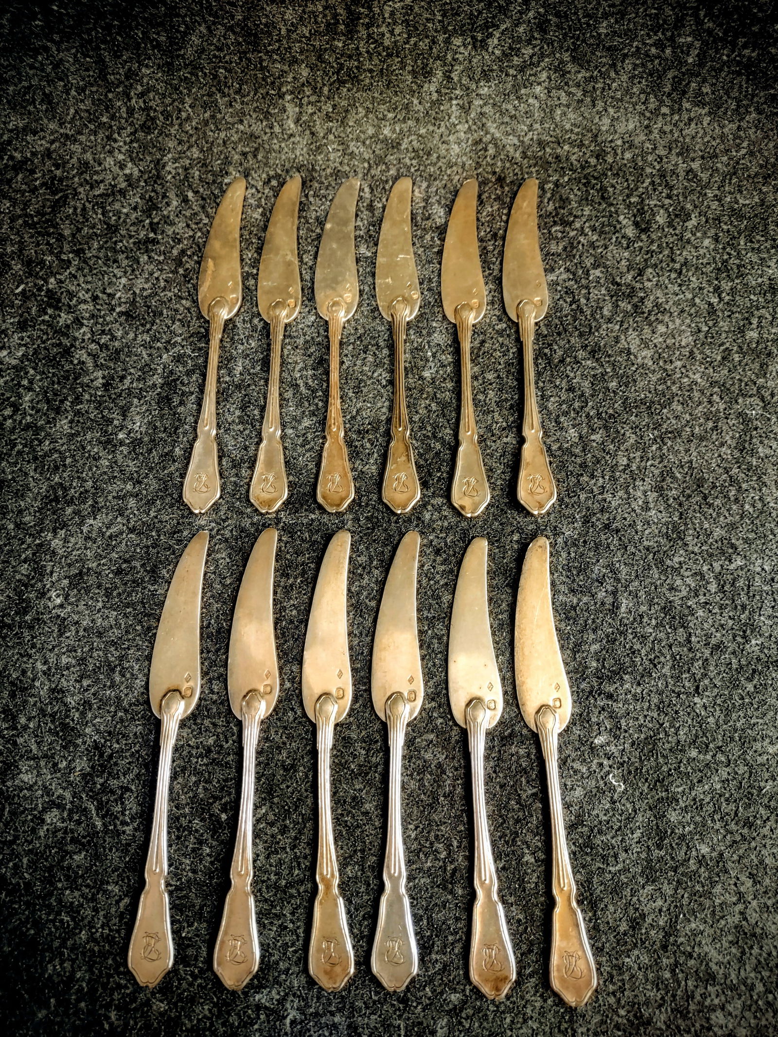 12 Sterling Silver Butter knives (950) By "Gustave Keller" 19th C. (1 of 4)