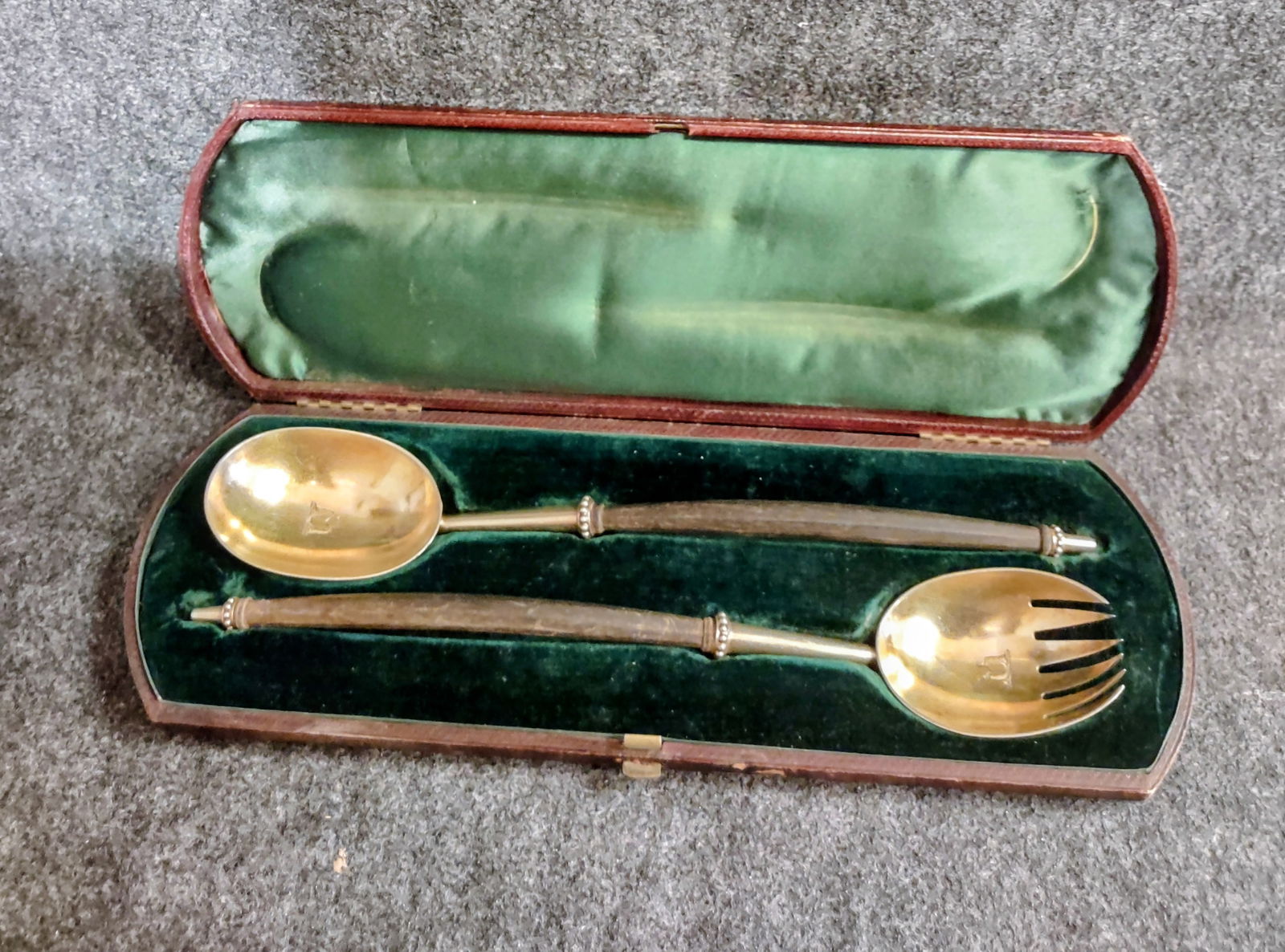 Antique Sterling Silver and Wood Salad Serving Set by "GW Adams" 1872 (1 of 8)