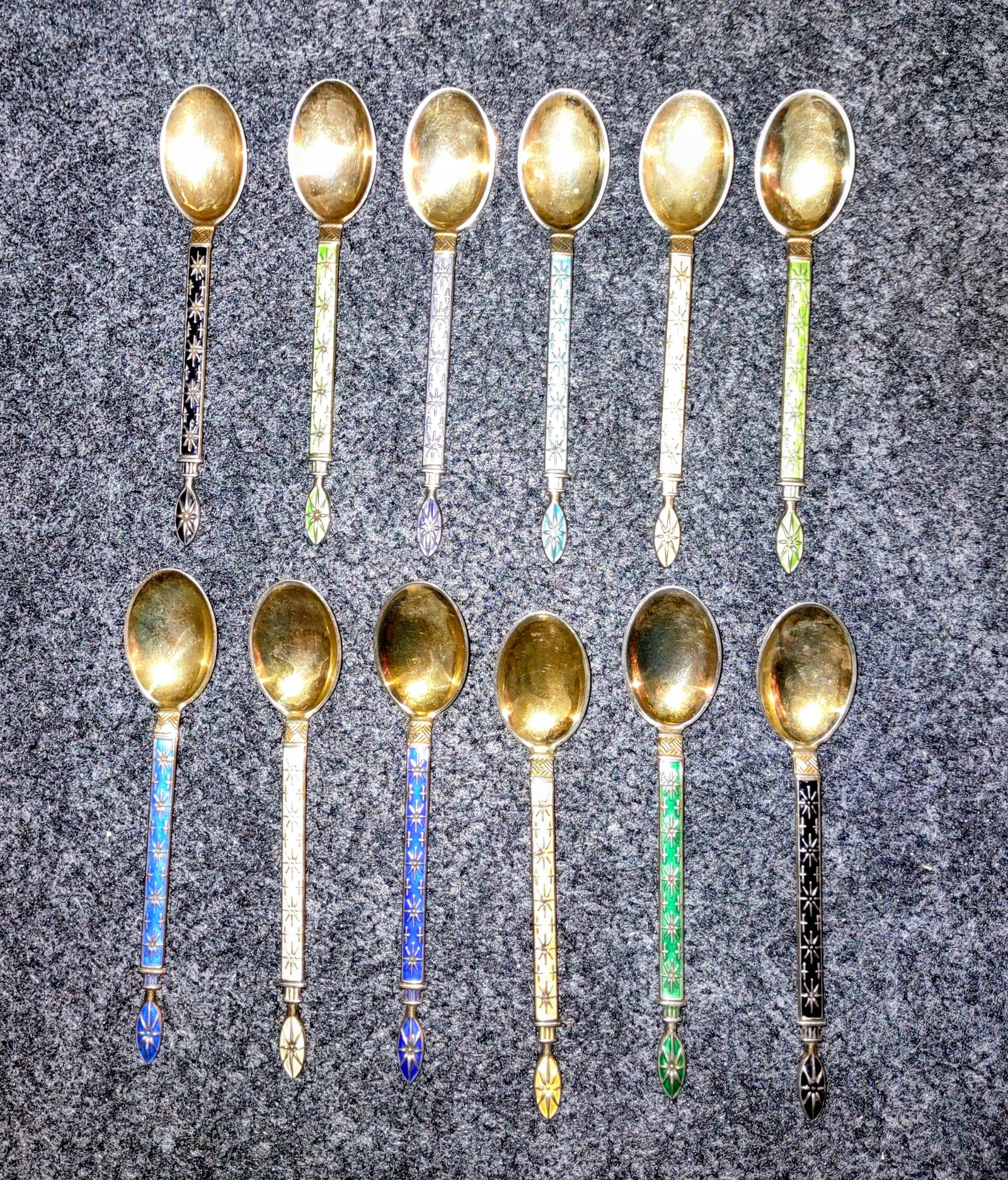 12 Vintage Sterling Silver and Enamel Guilloche Spoons (1 of 4)