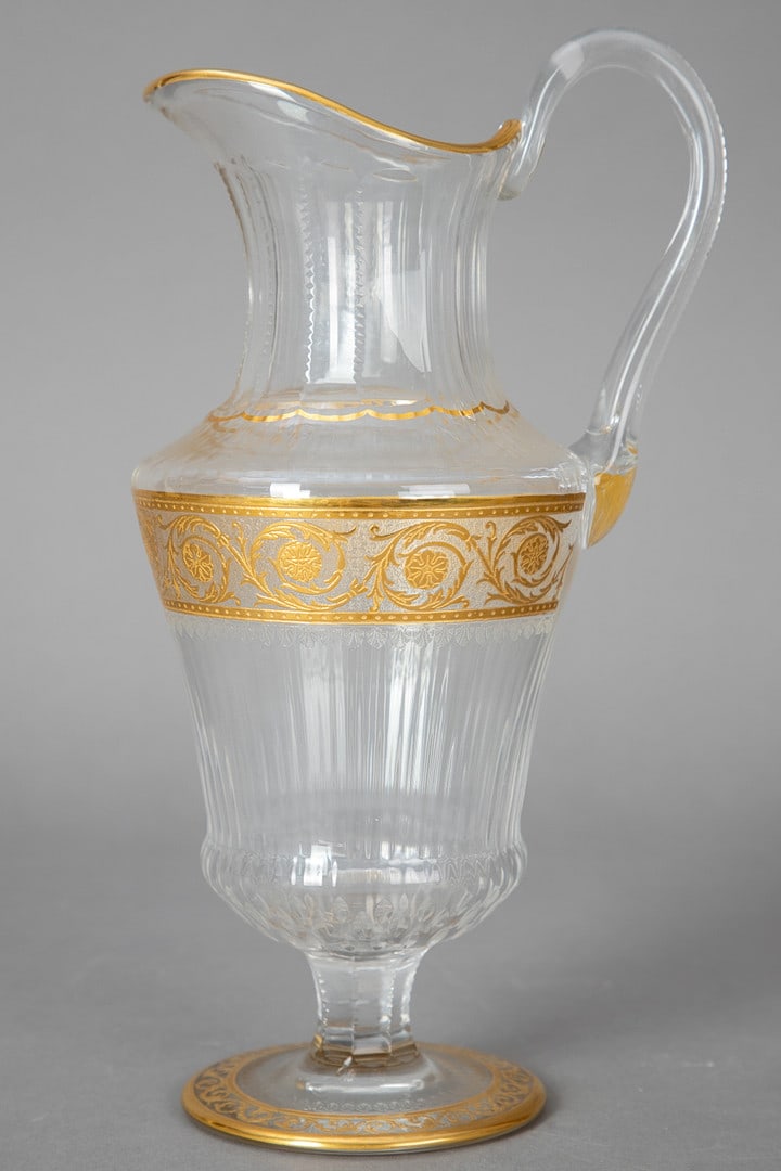 Thistle Gold pitcher by "Saint-Louis" France: An Elegant Thistle 24K Gold pitcher By Saint-Louis.The pitcher is mouth-blown and cut by hand. Truly a magnificent work of art. 11.25"H, 27oz capacity.Blown and cut at Saint-Louis-lès-Bitche in Mosel