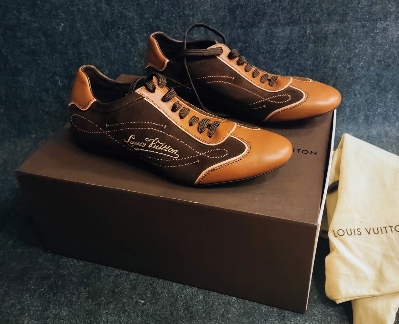 Brown Suede Leather Sneakers by "Louis Vuitton": Louis Vuitton Sneakers Brown Suede Leather size 7 Uk. Comes with Original box, Velvet bags for each shoe and extra pair laces. Never been worn.