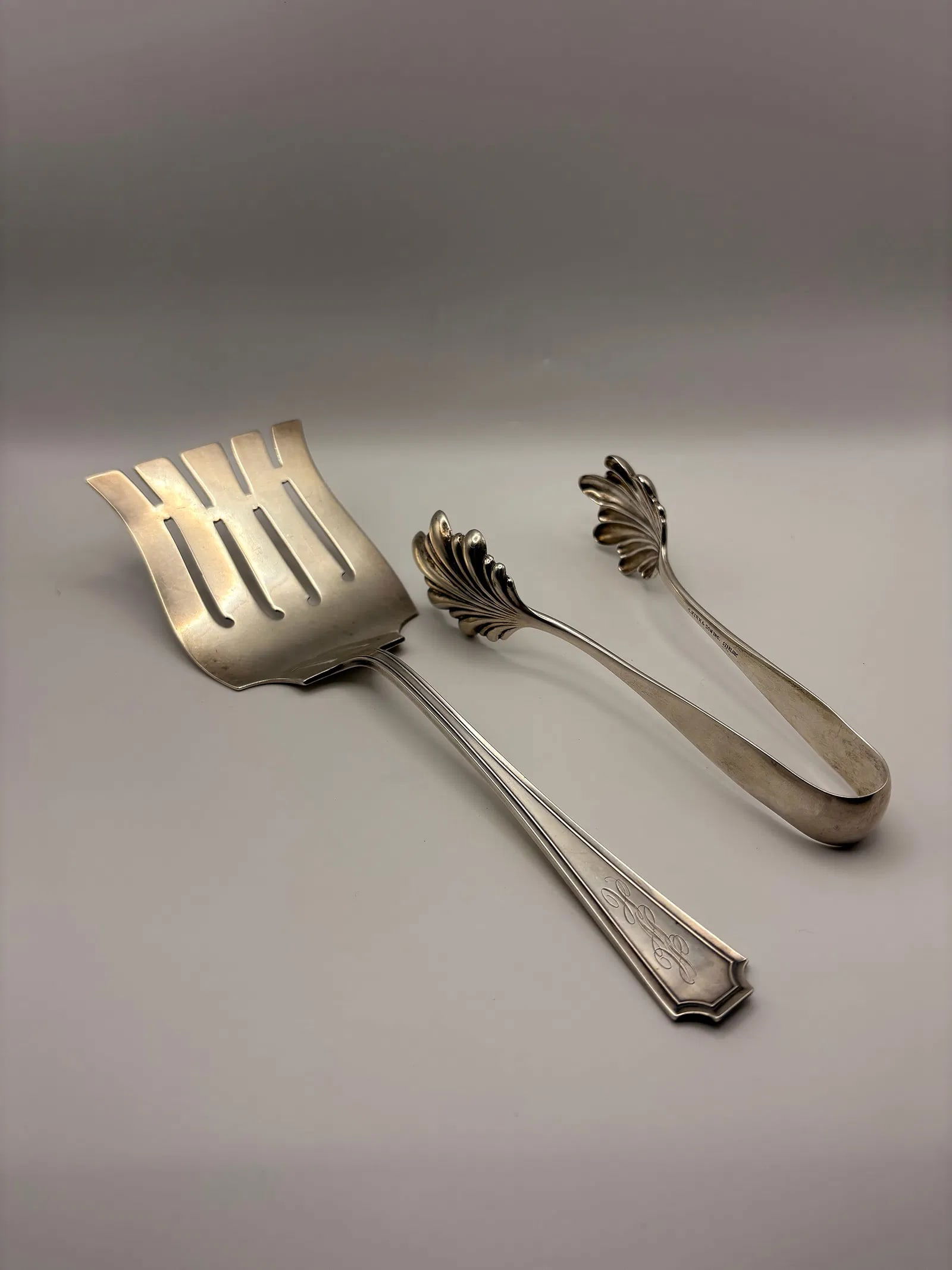 2 Sterling Silver Serving pieces By "S. Kirk and Son": Antique Asparagus Fork/Server 9.5" by T & E Dickinson Sterling Silve, Monogrammed,Marked Sterling And Fine S. Kirk & Son Sterling Silver Old Maryland Plain 6 1/2" Ice Tongs 2.34 ozt, Not Monogrammed.T