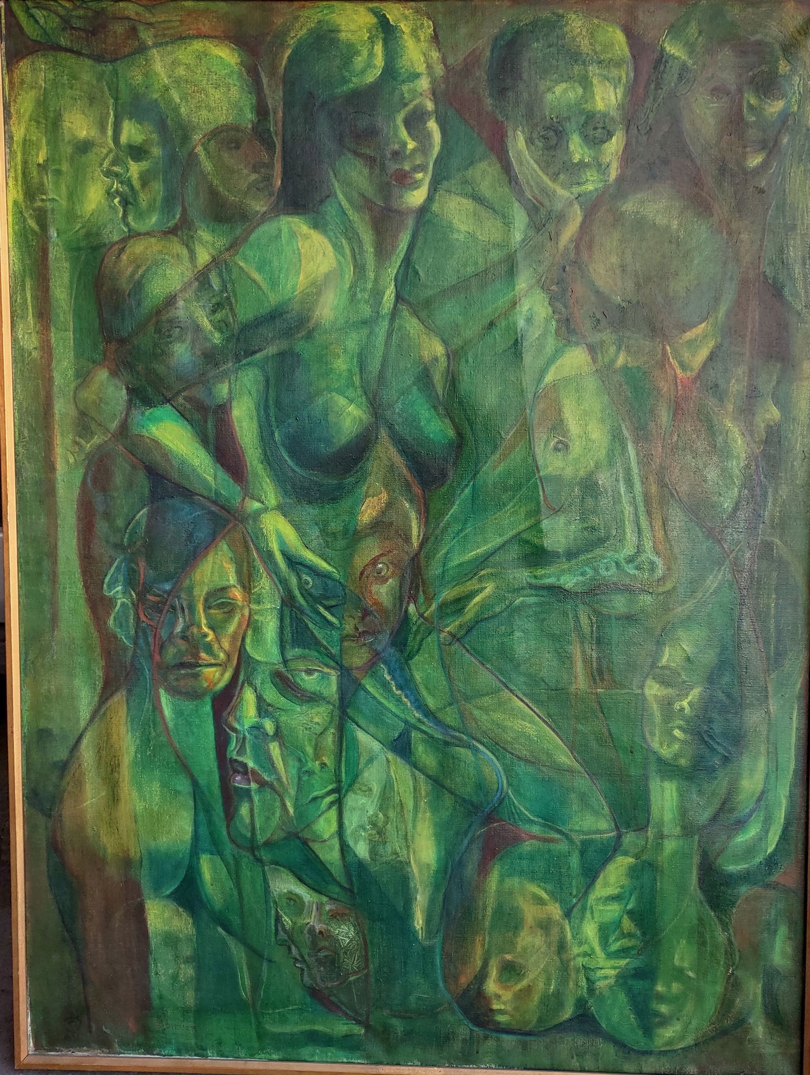 Green Underworld Acrylic By "B. Diener": Green Underworld Acrylic Paint on Canvas Pictured is a large framed piece which portrays a collage of nude women at different angles with different expressions blended into one another. Measures: