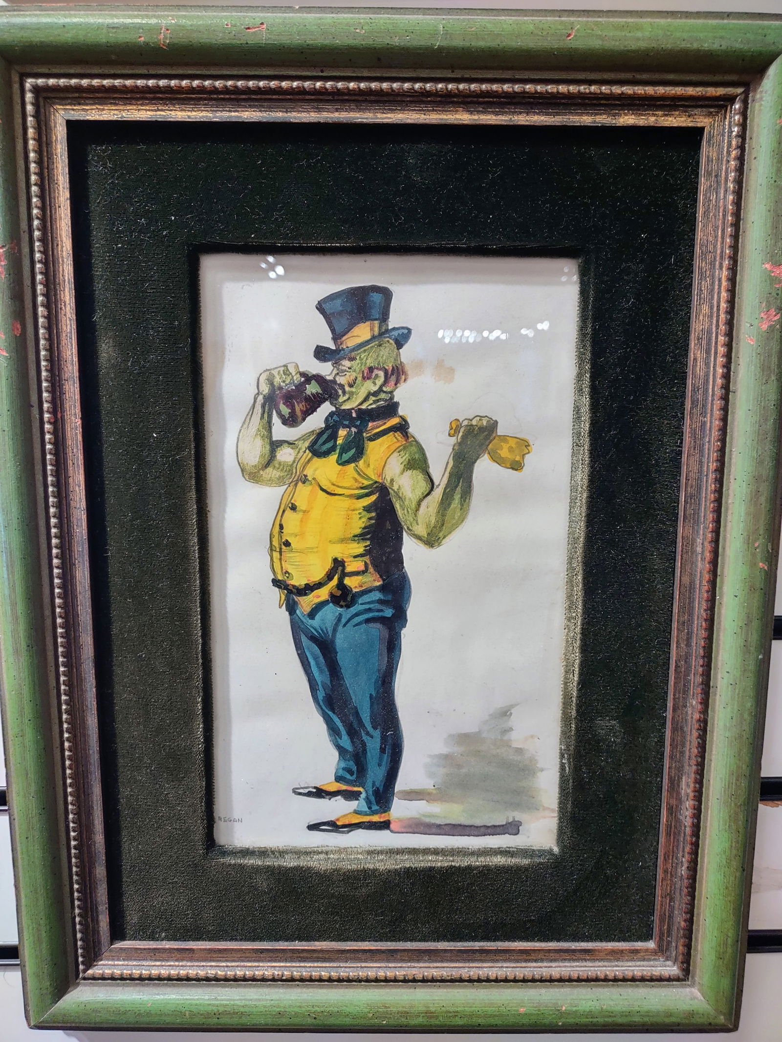 Art Deco Watercolor Painting by "Regan" 1 of 5: Art Deco Watercolor Painting by "Regan" Charming vintage illustration of a dapper gentleman enjoying a drink, dressed in a bright waistcoat, blue trousers, and top hat. The playful, hand-colored