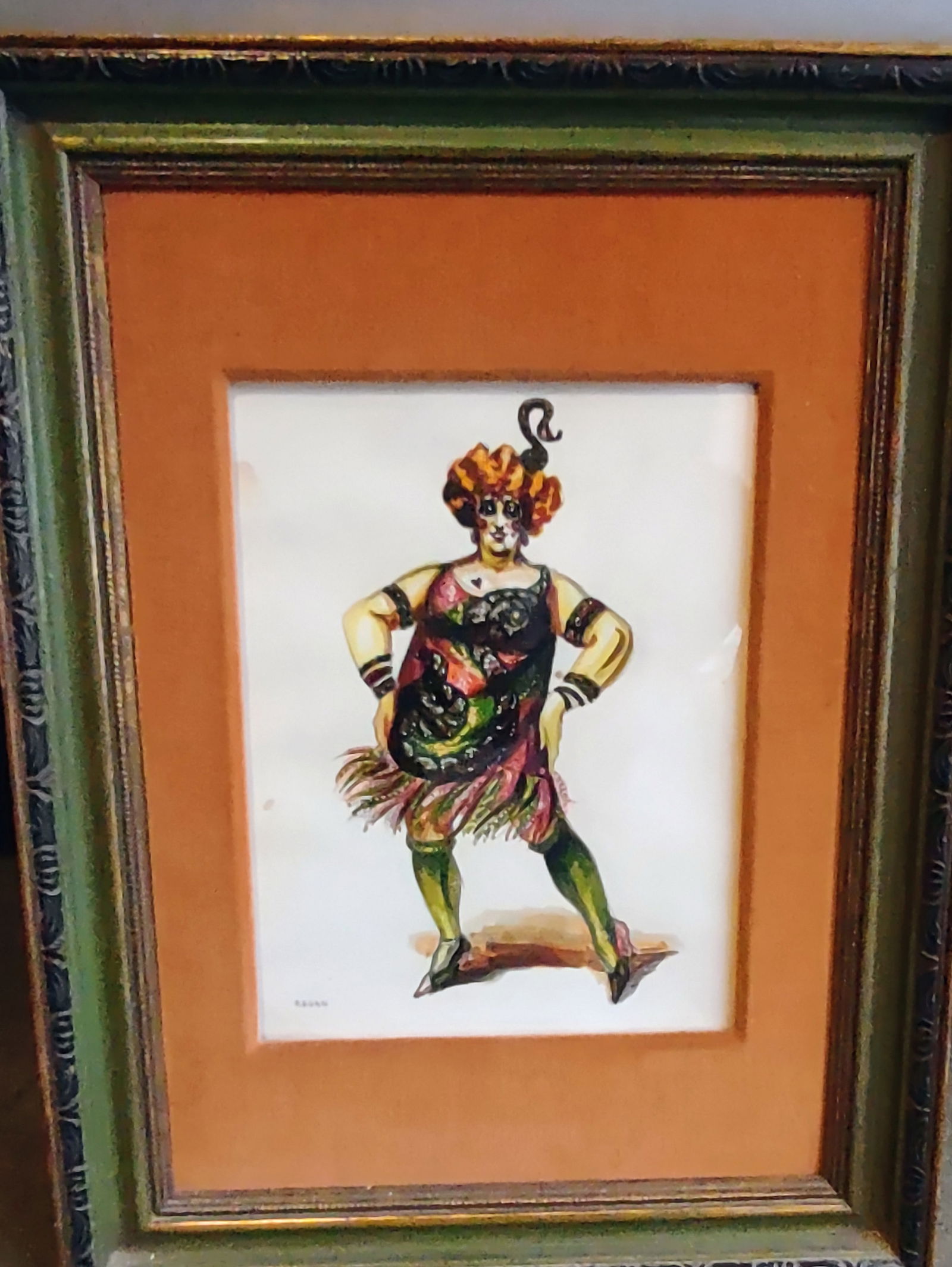 Art Deco Watercolor Painting by "Regan" 2 of 5: Art Deco Watercolor Painting by "Regan". Whimsical vintage-style illustration of a lively cabaret dancer, full of color and personality. The bold costume, vibrant tones, and playful pose make this a